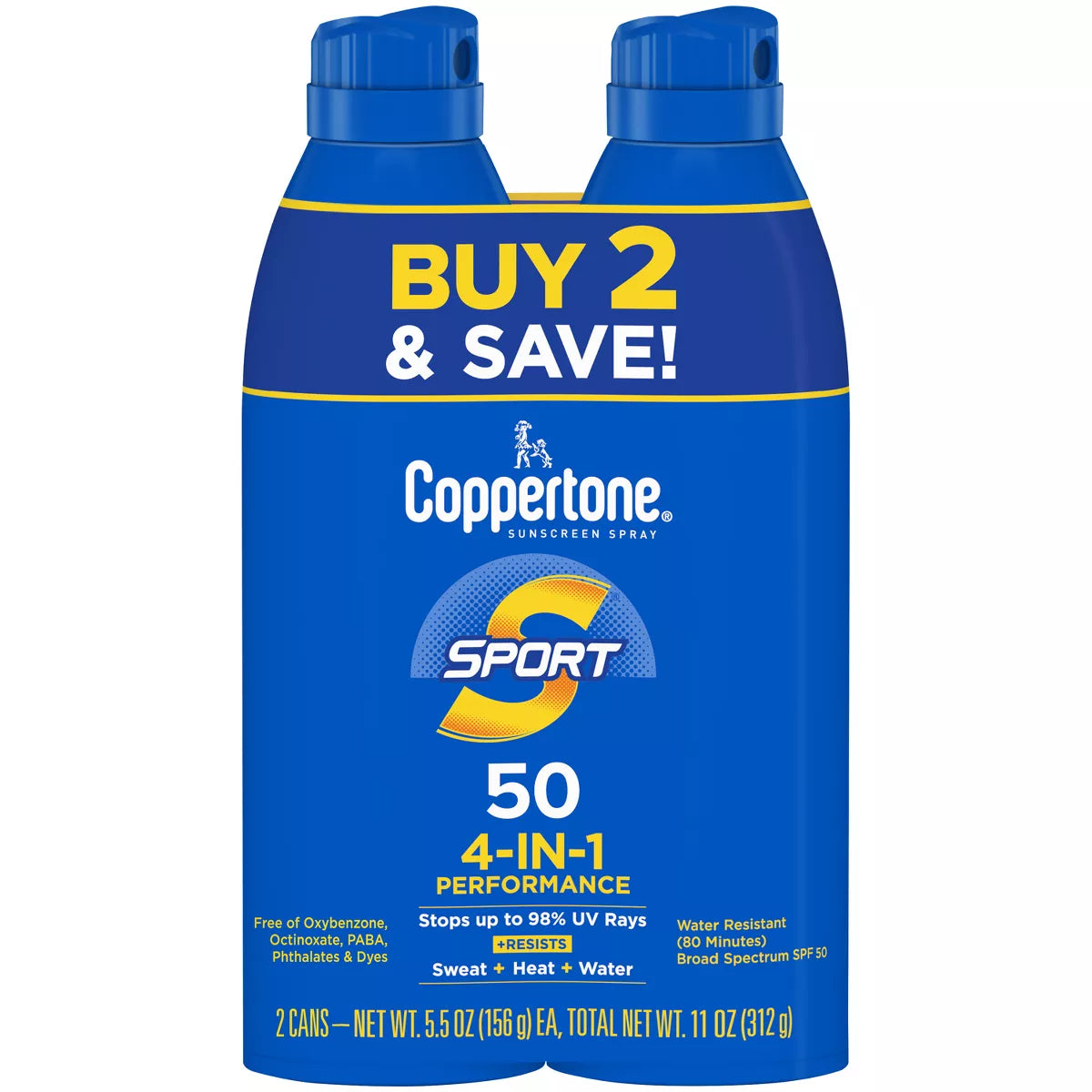 Coppertone Sport Sunscreen Spray - SPF 50 - 11Oz - Twin Pack: Paraben-Free, Whole Body Application, Scented