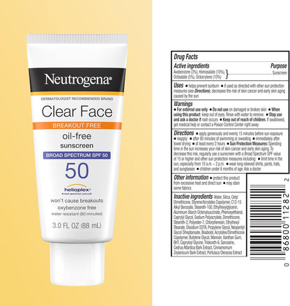 Neutrogena Clear Face Sunscreen Lotion for Acne-Prone Skin, Broad Spectrum SPF 50, Sunscreen for Face & Oily Skin, Oil-,Fragrance- & Oxybenzone-Free, Water Resistant, Matte, Unscented, 3 Fl Oz