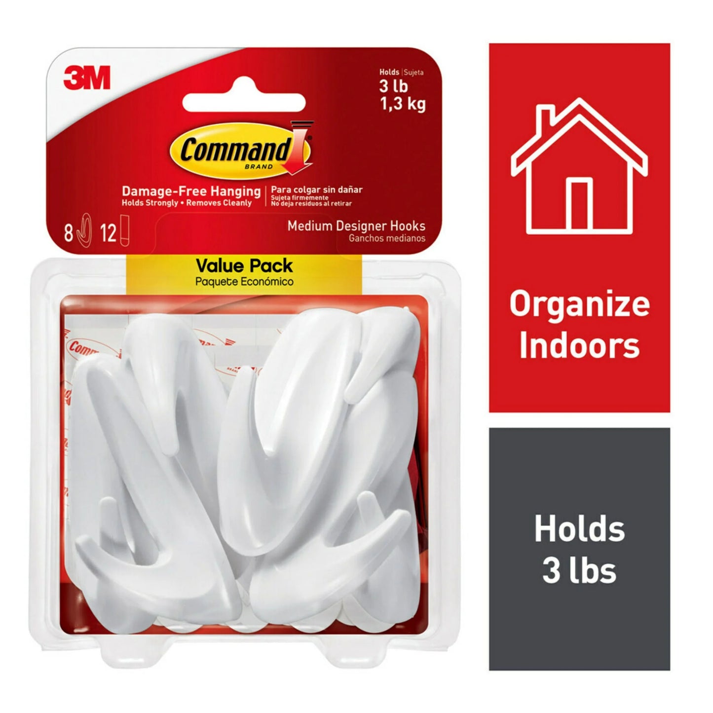 Medium Designer Hooks, White, 8 Wall Hooks, Damage-Free Hanging