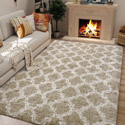 Geometric Plush Shag Area Rug - Soft Moroccan Carpet for Bedroom and Living Room, 8x10 Ft, Beige/White