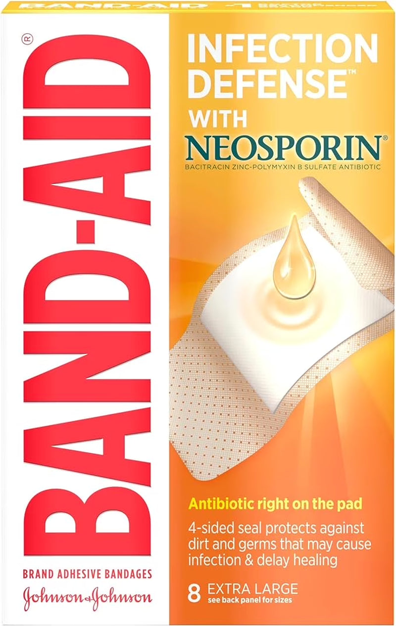 Brand Adhesive Bandages Infection Defense with Neosporin Antibiotic Ointment for Wound Care & First Aid, Extra Large, 8 Count