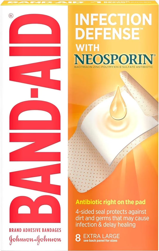 Brand Adhesive Bandages Infection Defense with Neosporin Antibiotic Ointment for Wound Care & First Aid, Extra Large, 8 Count