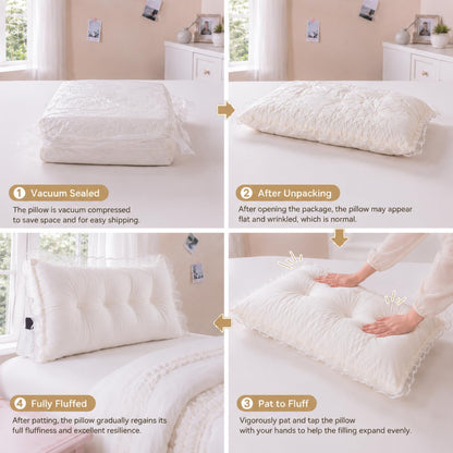 39 in Ruffle Wedge Headboard Pillow for Dorm Twin XL College Bed Reading Bolster Dorm Velvet Triangular Bed Backrest Wedge Pillow Cushion for College Reading Support(White)