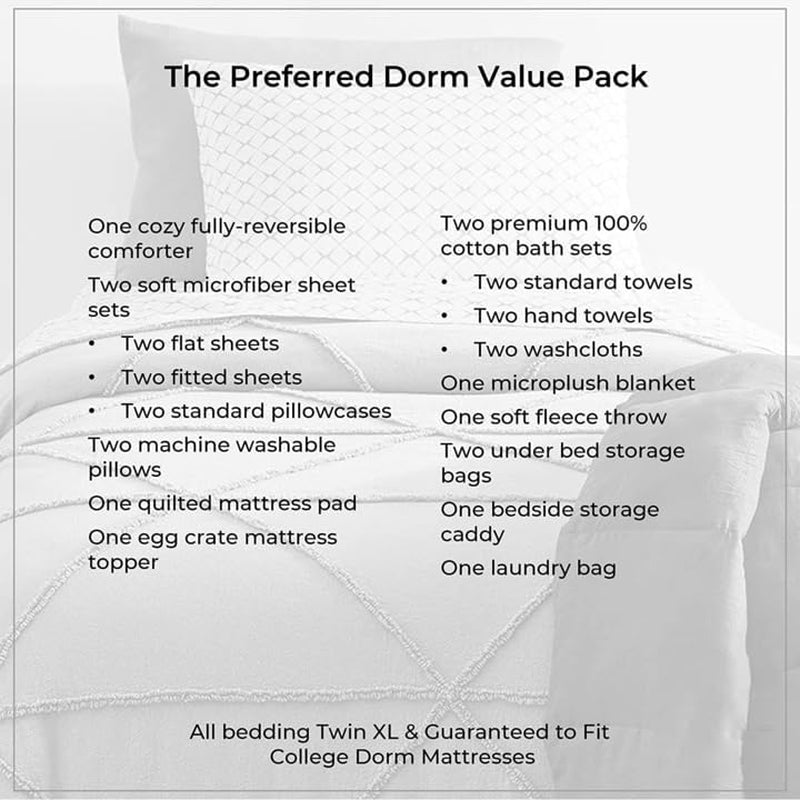 Preferred Dorm Essentials 23-Piece Twin XL Value Pack | Comforter, Sheet Set, Mattress Pad, Topper, Towels, Organization, and Storage | Preston Black and Gray | Graphic Black, Gray, and White