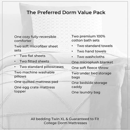 Preferred Dorm Essentials 23-Piece Twin XL Value Pack | Comforter, Sheet Set, Mattress Pad, Topper, Towels, Organization, and Storage | Preston Black and Gray | Graphic Black, Gray, and White