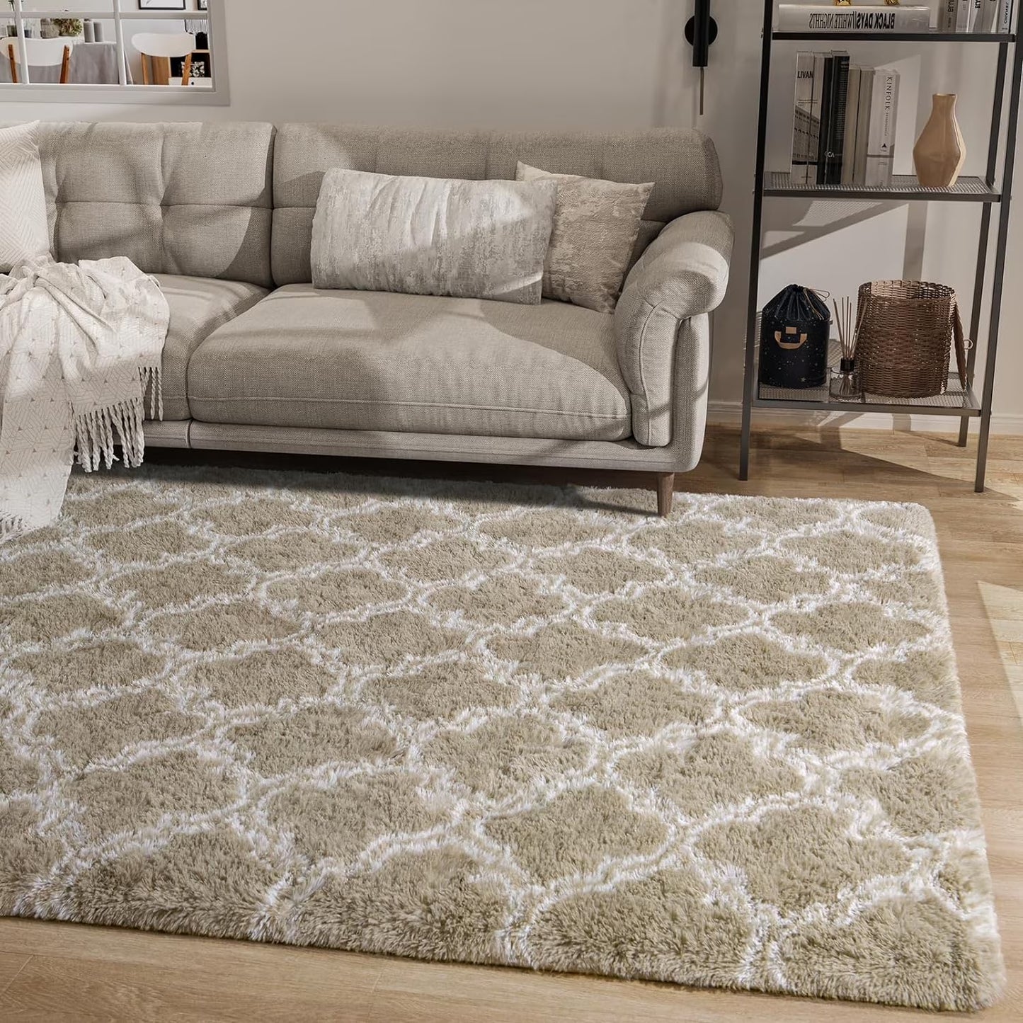 Geometric Plush Shag Area Rug - Soft Moroccan Carpet for Bedroom and Living Room, 8x10 Ft, Beige/White