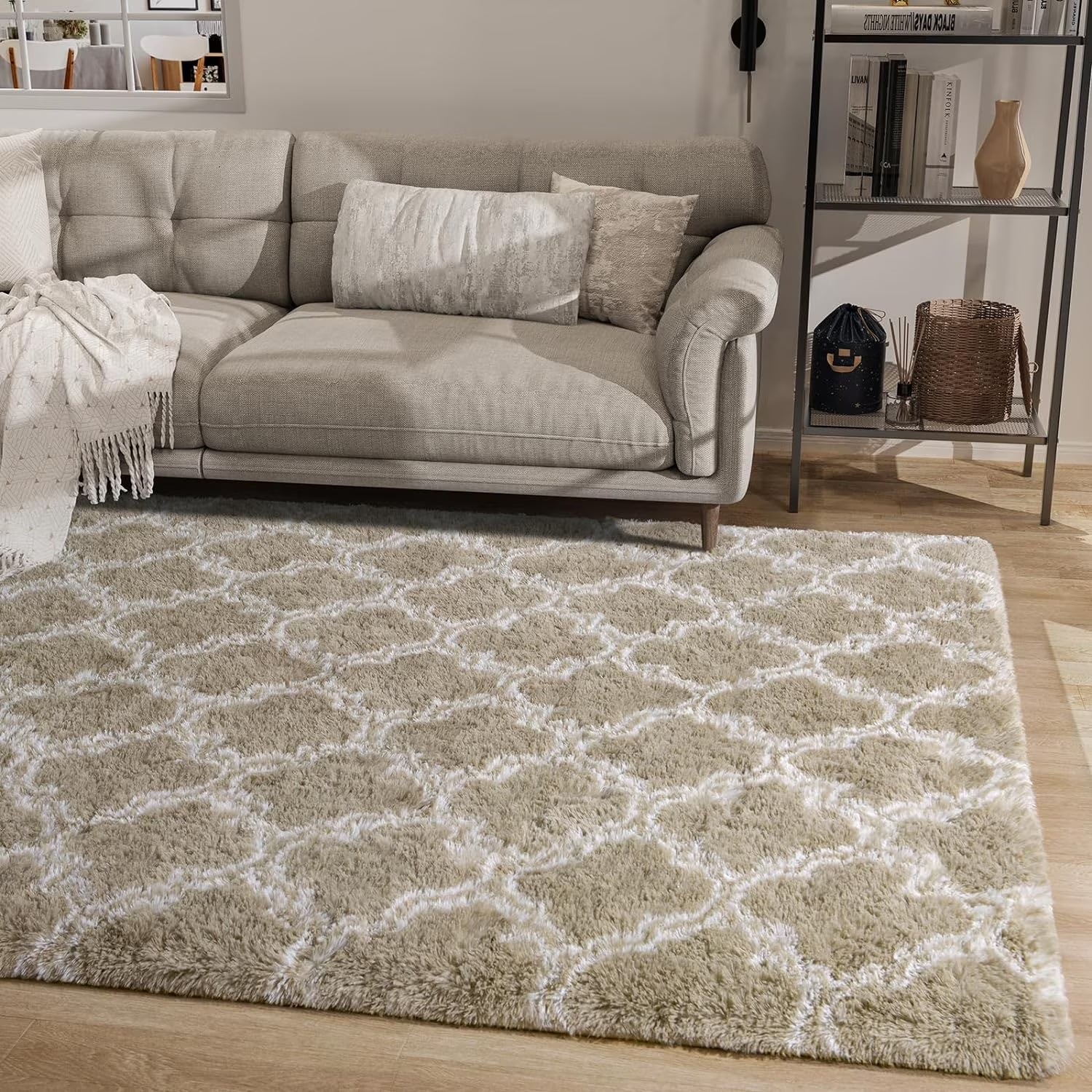Geometric Plush Shag Area Rug - Soft Moroccan Carpet for Bedroom and Living Room, 8x10 Ft, Beige/White