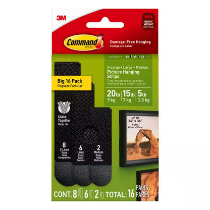 Black Picture Hanging Strips - 32-Pack (16 X-Large Pairs, 12 Large Pairs, 4 Medium Pairs) - Supports 20 lbs, 15 lbs, and 5 lbs