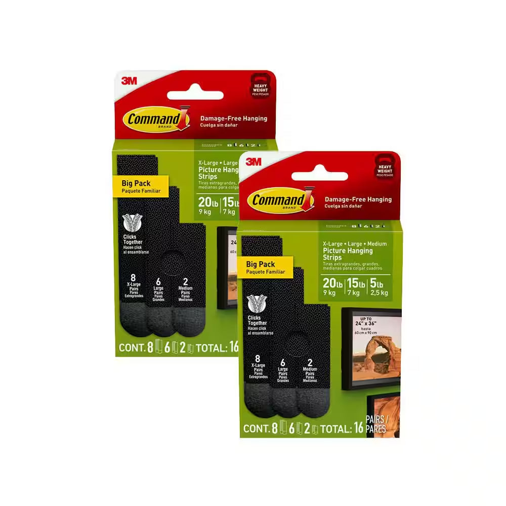 Black Picture Hanging Strips - 32-Pack (16 X-Large Pairs, 12 Large Pairs, 4 Medium Pairs) - Supports 20 lbs, 15 lbs, and 5 lbs