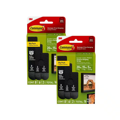 Black Picture Hanging Strips - 32-Pack (16 X-Large Pairs, 12 Large Pairs, 4 Medium Pairs) - Supports 20 lbs, 15 lbs, and 5 lbs
